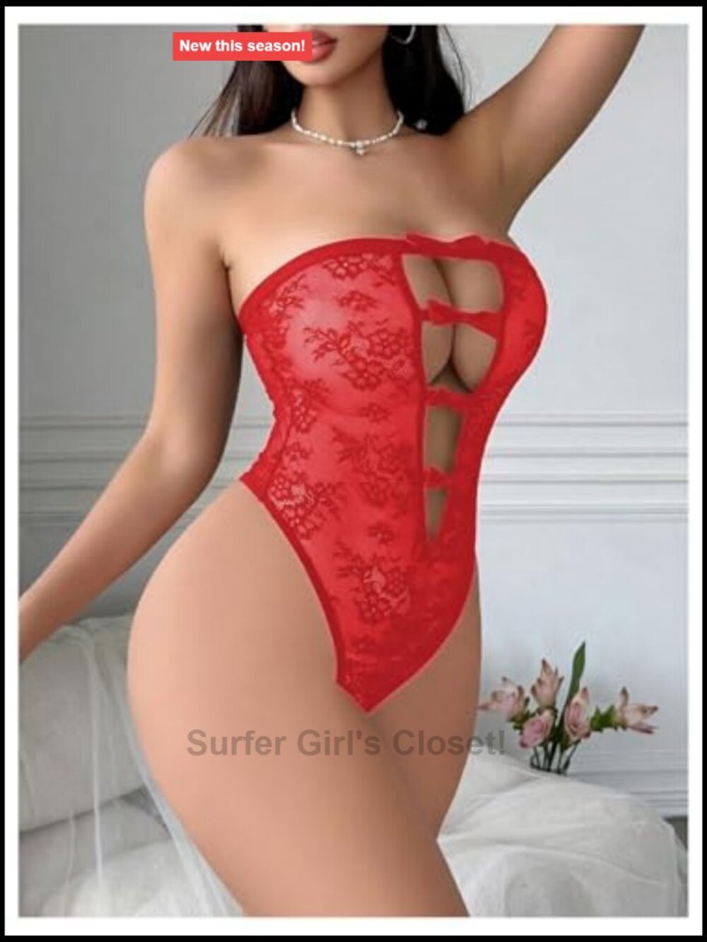 Lace Sheer Strapless Teddy Bodysuit - Mesh Sexy Sleepwear Honeymoon - Picture 3 of 4